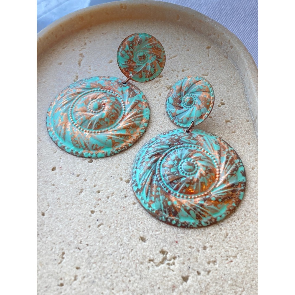Verdigris Patina Dangle Copper Tone Disc Embossed Statement Southwestern‎ Swirl
